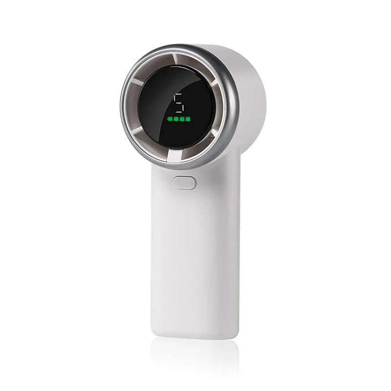White handheld device with a circular top and digital display on a white background